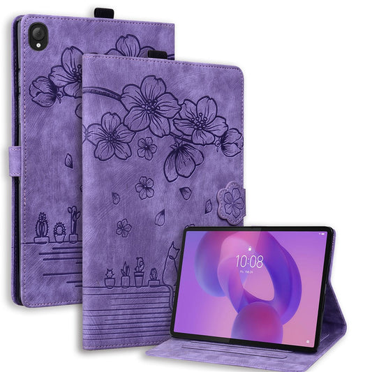 For Lenovo Tab K10C / Tab E10C Case Card Slots Leather Tablet Stand Folio Cover Flower Cat - Purple