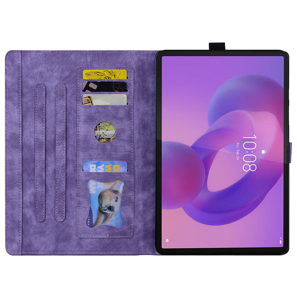 For Lenovo Tab K10C / Tab E10C Case Card Slots Leather Tablet Stand Folio Cover Flower Cat - Purple