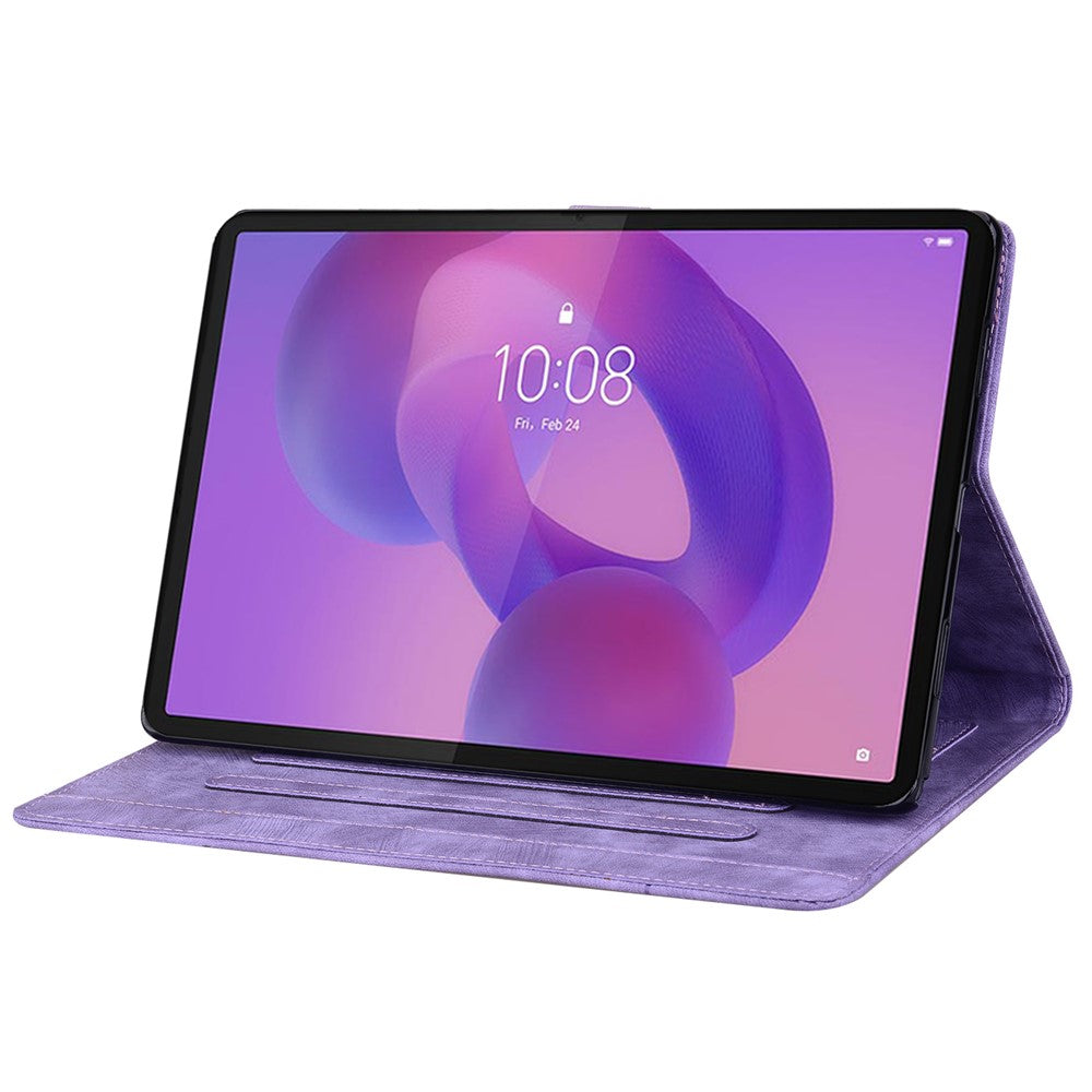 For Lenovo Tab K10C / Tab E10C Case Card Slots Leather Tablet Stand Folio Cover Flower Cat - Purple