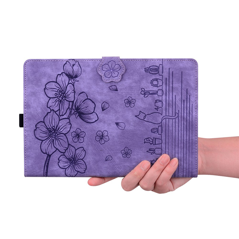 For Lenovo Tab K10C / Tab E10C Case Card Slots Leather Tablet Stand Folio Cover Flower Cat - Purple