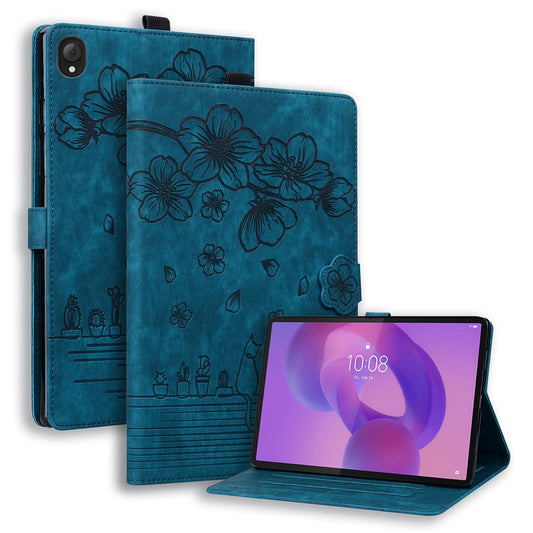 For Lenovo Tab K10C / Tab E10C Case Card Slots Leather Tablet Stand Folio Cover Flower Cat - Blue