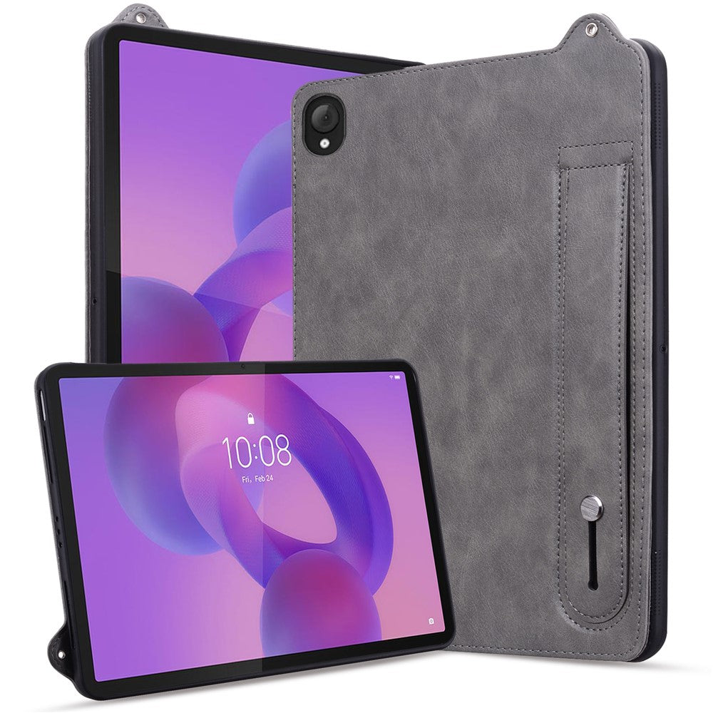 For Lenovo Tab K10C / Tab E10C Case Hand Strap Kickstand Leather Tablet Cover - Grey
