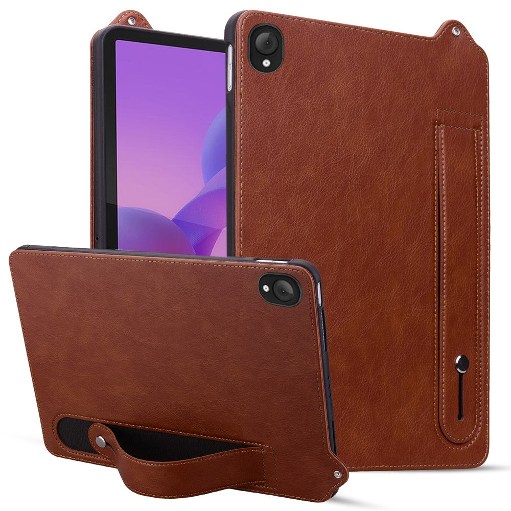 For Lenovo Tab K10C / Tab E10C Case Hand Strap Kickstand Leather Tablet Cover - Brown