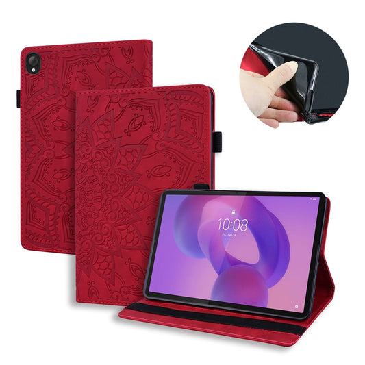 For Lenovo Tab K10C  /  E10C Tablet Case Card Slots Leather Cover Flower Pattern - Red