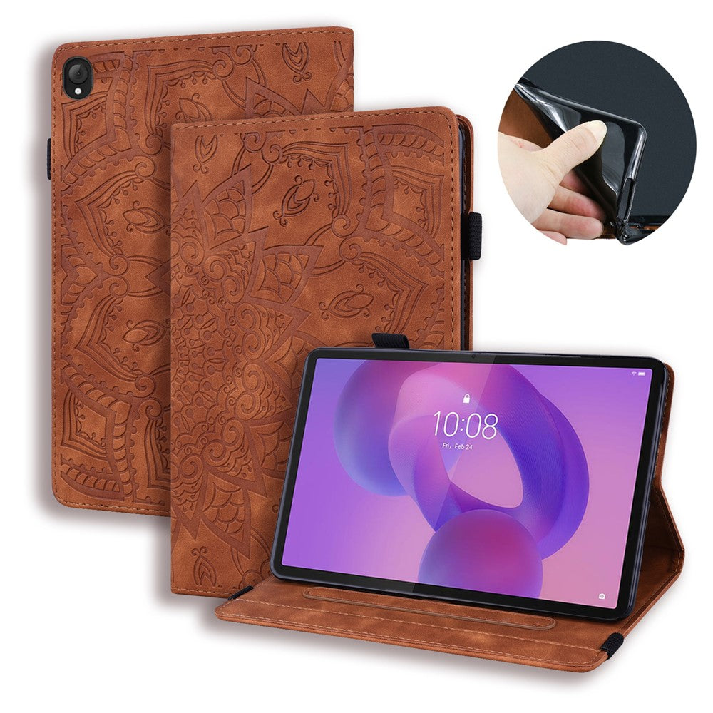 For Lenovo Tab K10C  /  E10C Tablet Case Card Slots Leather Cover Flower Pattern - Brown