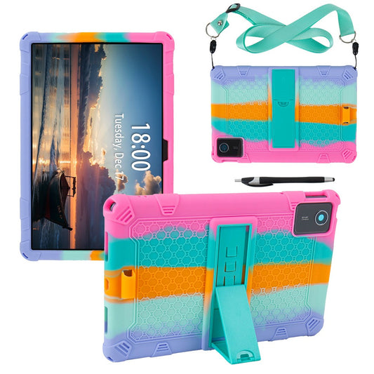 For Lenovo Tab M11 Case Retro Textured PC Kickstand Silicone Tablet Cover with Shoulder Strap - Colorful Pink