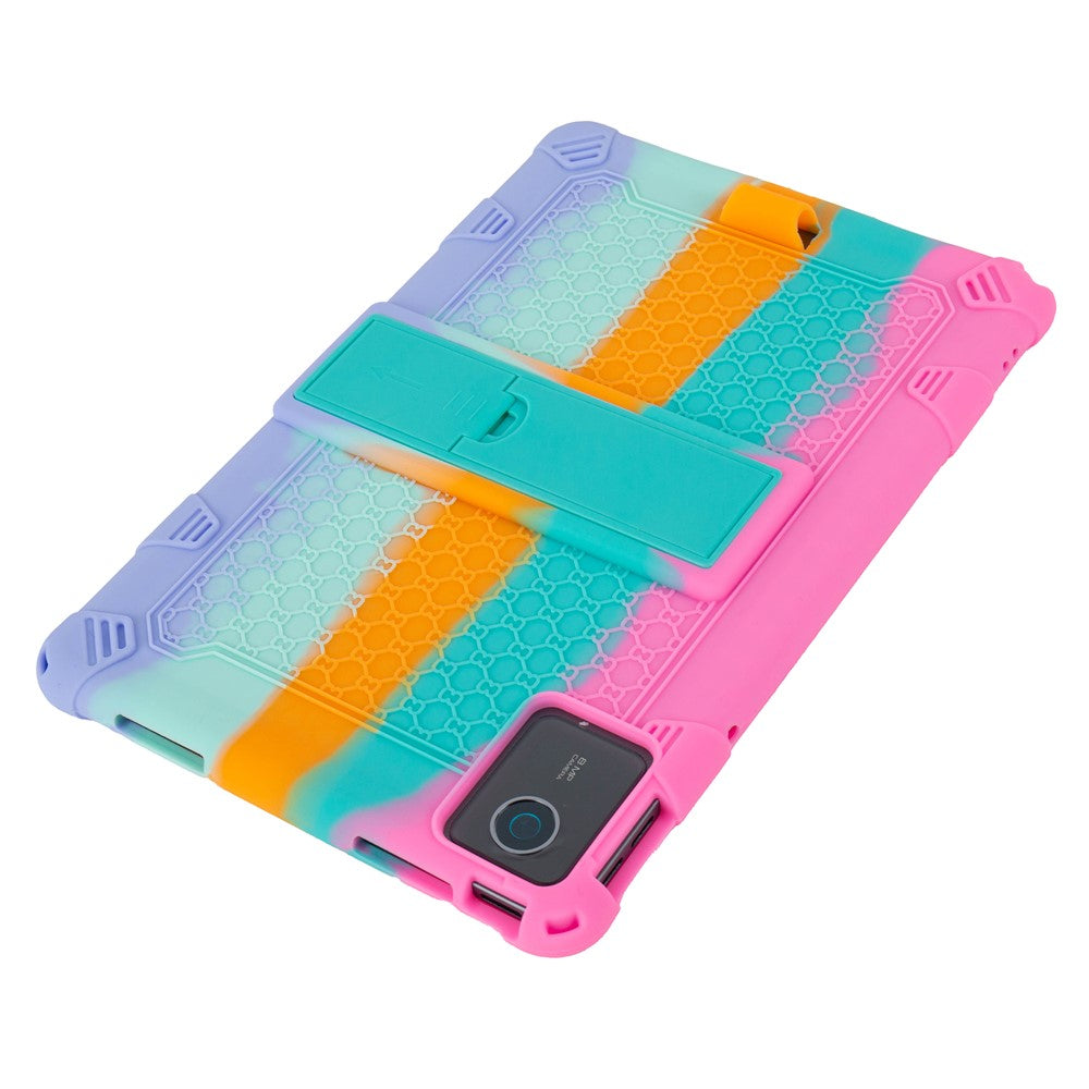 For Lenovo Tab M11 Case Retro Textured PC Kickstand Silicone Tablet Cover with Shoulder Strap - Colorful Pink