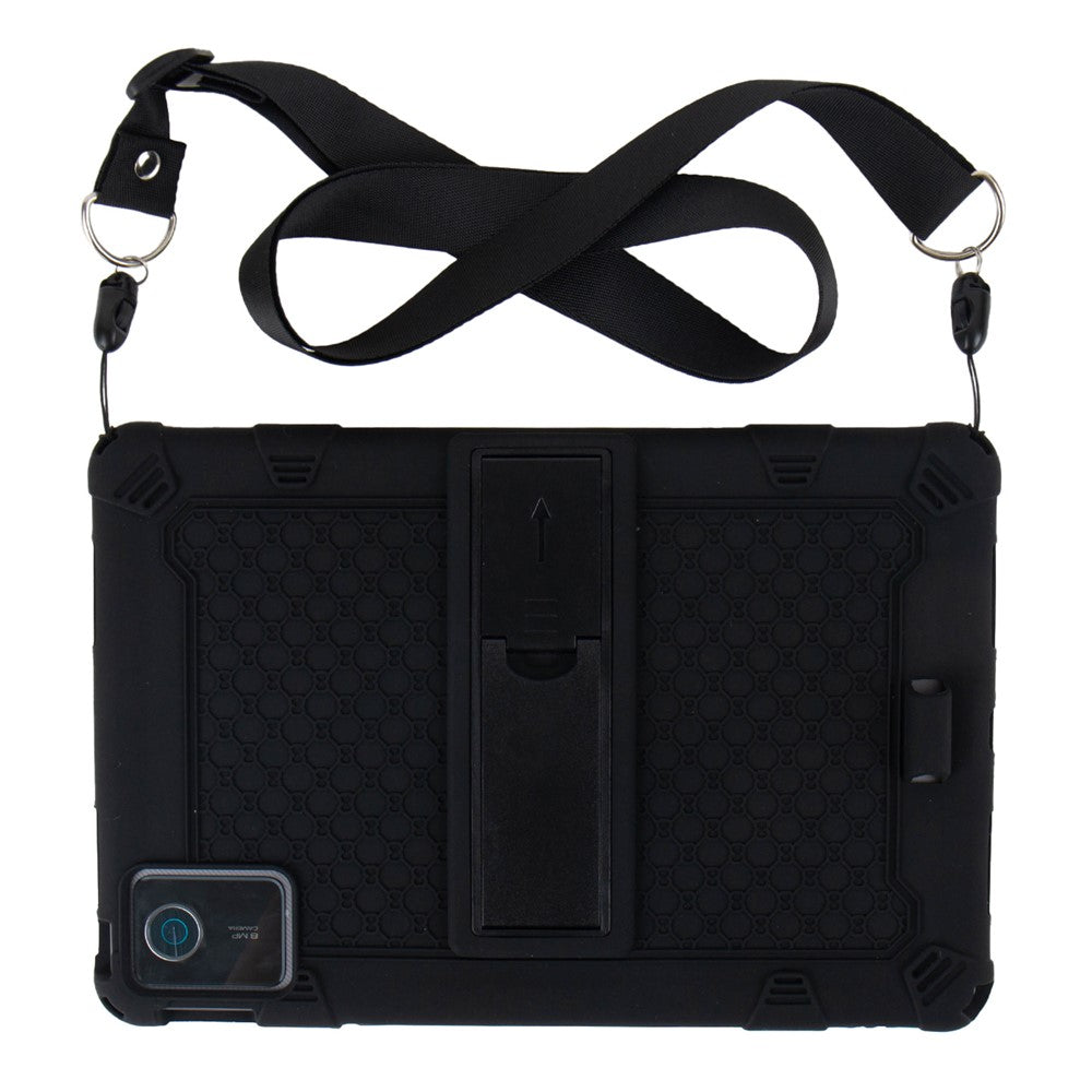 For Lenovo Tab M11 Case Retro Textured PC Kickstand Silicone Tablet Cover with Shoulder Strap - Black