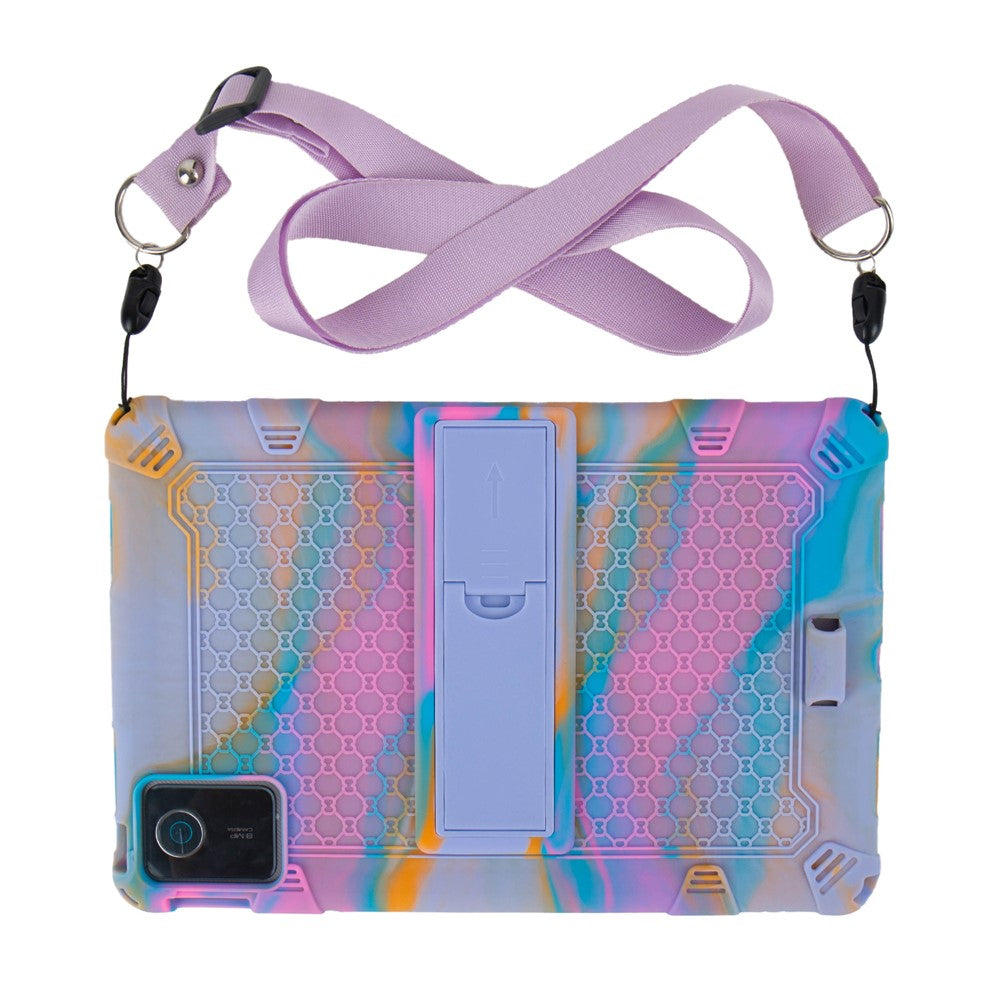 For Lenovo Tab M11 Case Retro Textured PC Kickstand Silicone Tablet Cover with Shoulder Strap - Colorful Purple