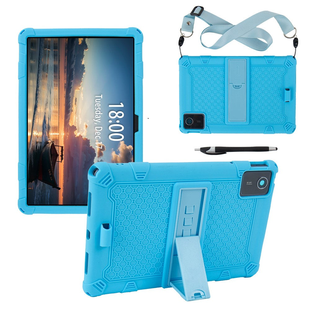 For Lenovo Tab M11 Case Retro Textured PC Kickstand Silicone Tablet Cover with Shoulder Strap - Baby Blue