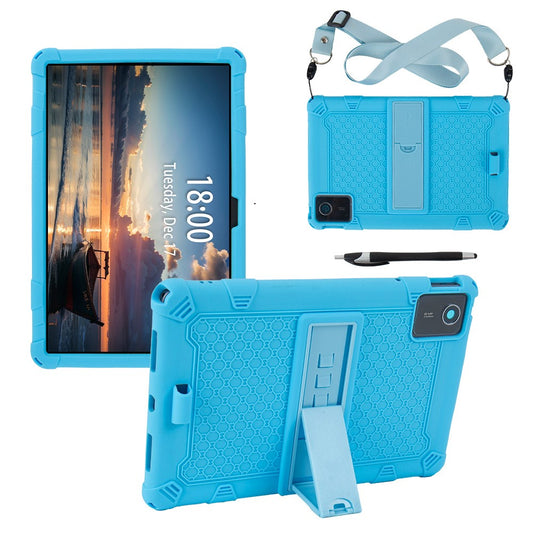 For Lenovo Tab M11 Case Retro Textured PC Kickstand Silicone Tablet Cover with Shoulder Strap - Baby Blue