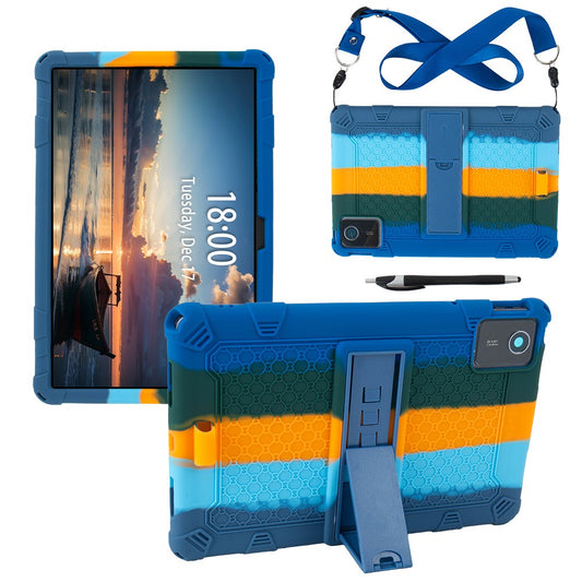 For Lenovo Tab M11 Case Retro Textured PC Kickstand Silicone Tablet Cover with Shoulder Strap - Colorful Dark Blue