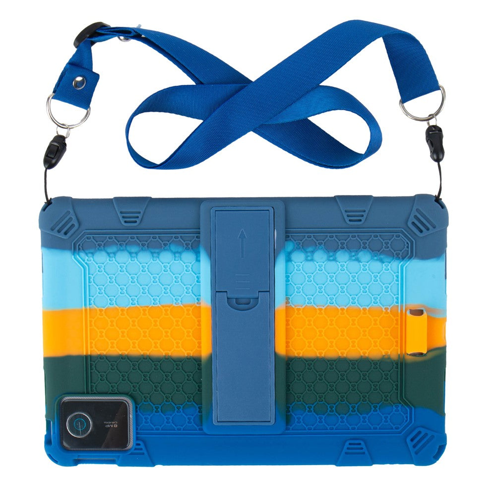 For Lenovo Tab M11 Case Retro Textured PC Kickstand Silicone Tablet Cover with Shoulder Strap - Colorful Dark Blue