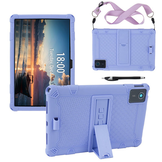 For Lenovo Tab M11 Case Retro Textured PC Kickstand Silicone Tablet Cover with Shoulder Strap - Purple