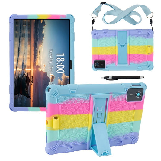 For Lenovo Tab M11 Case Retro Textured PC Kickstand Silicone Tablet Cover with Shoulder Strap - Colorful Baby Blue