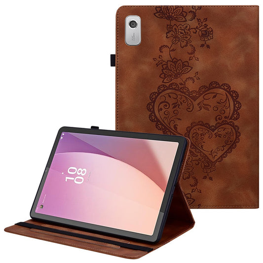 For Lenovo Tab M9 Leather Case Heart Imprint Foldable Stand Card Slot Stylus Holder Tablet Cover - Brown