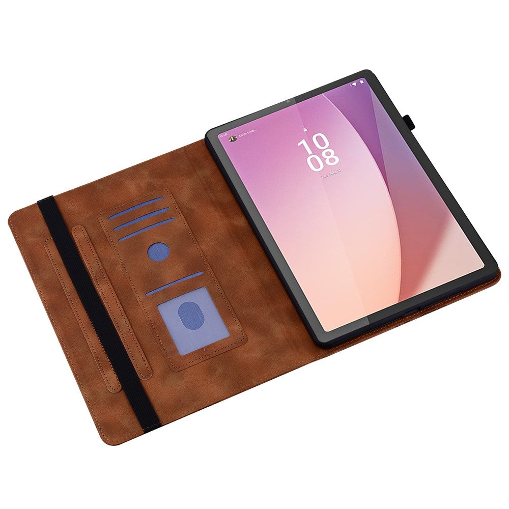 For Lenovo Tab M9 Leather Case Heart Imprint Foldable Stand Card Slot Stylus Holder Tablet Cover - Brown