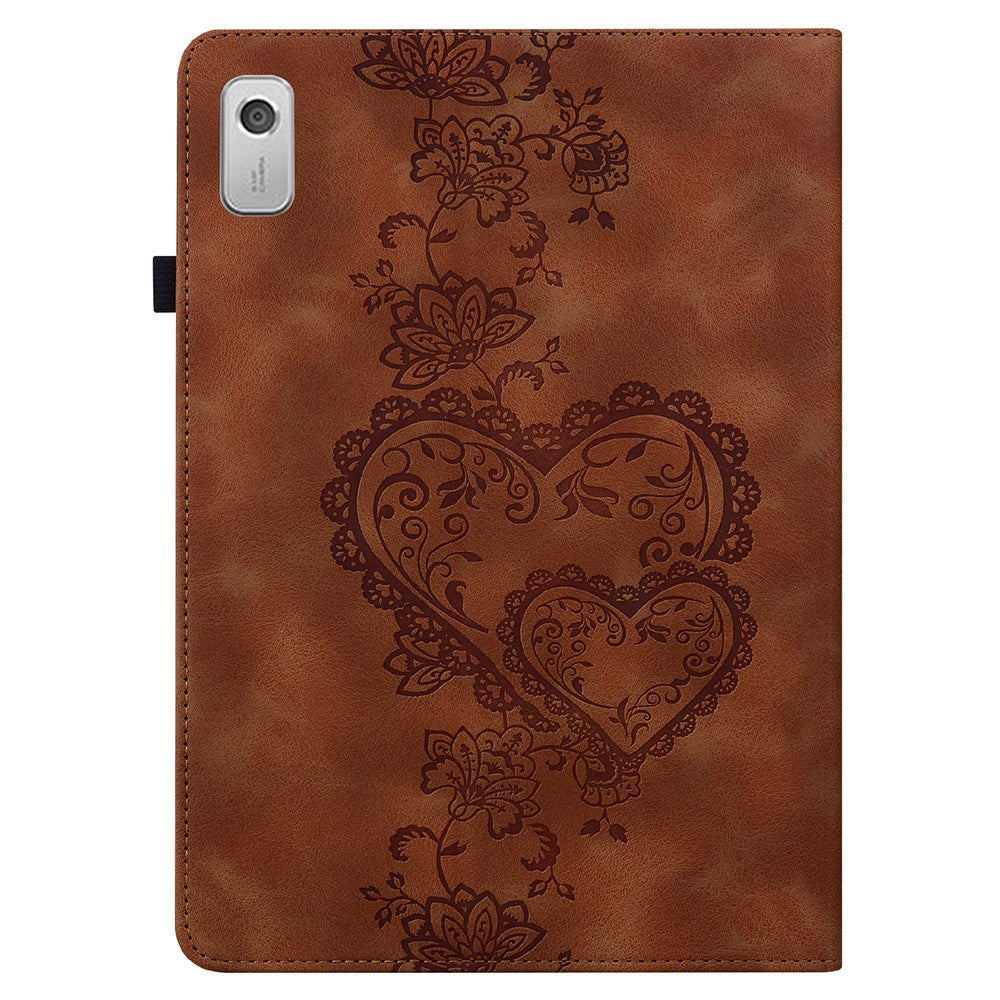 For Lenovo Tab M9 Leather Case Heart Imprint Foldable Stand Card Slot Stylus Holder Tablet Cover - Brown