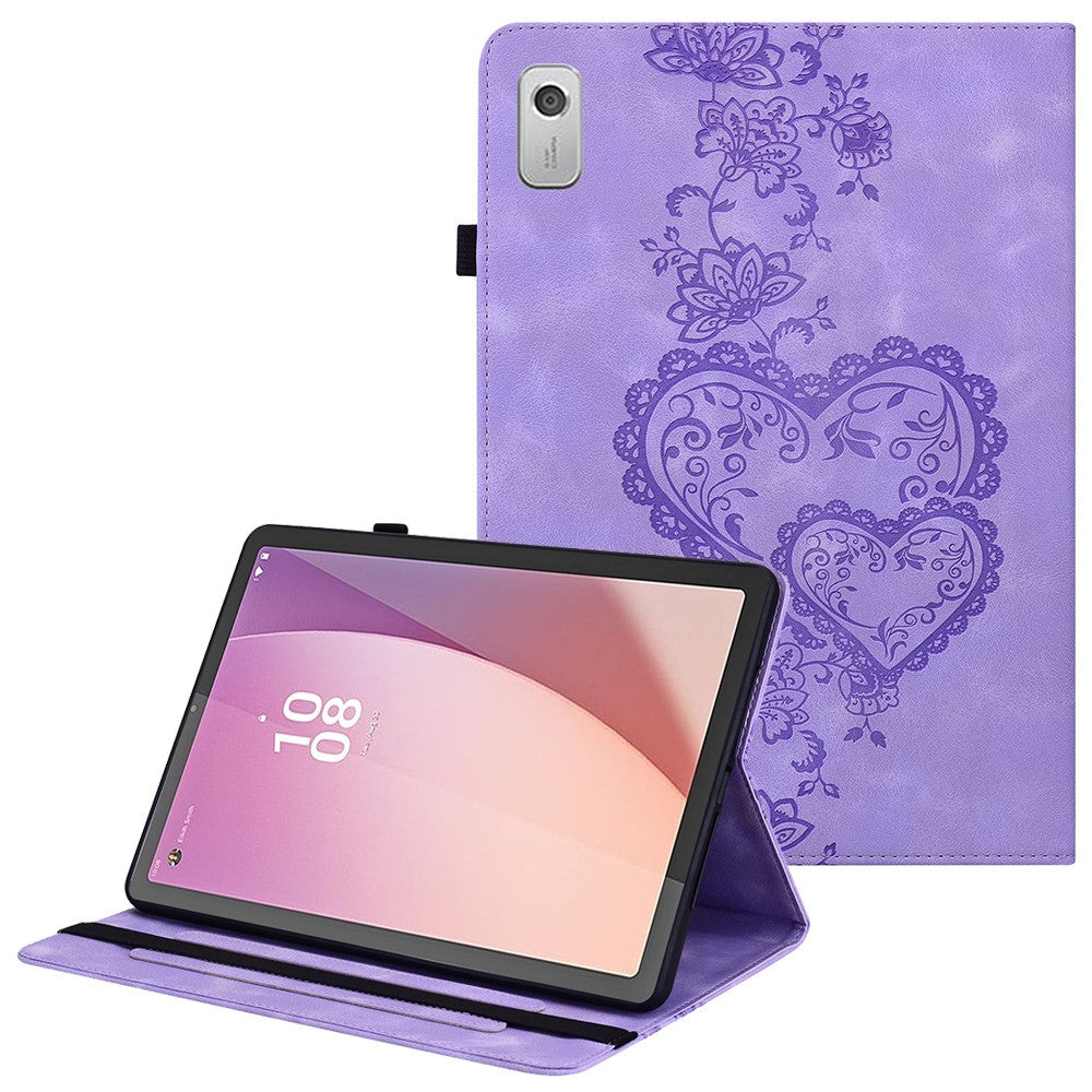 For Lenovo Tab M9 Leather Case Heart Imprint Foldable Stand Card Slot Stylus Holder Tablet Cover - Purple