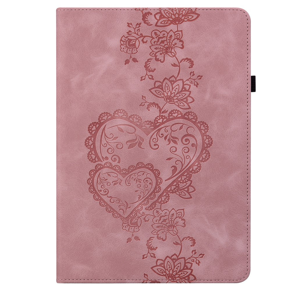 For Lenovo Tab M9 Leather Case Heart Imprint Foldable Stand Card Slot Stylus Holder Tablet Cover - Pink