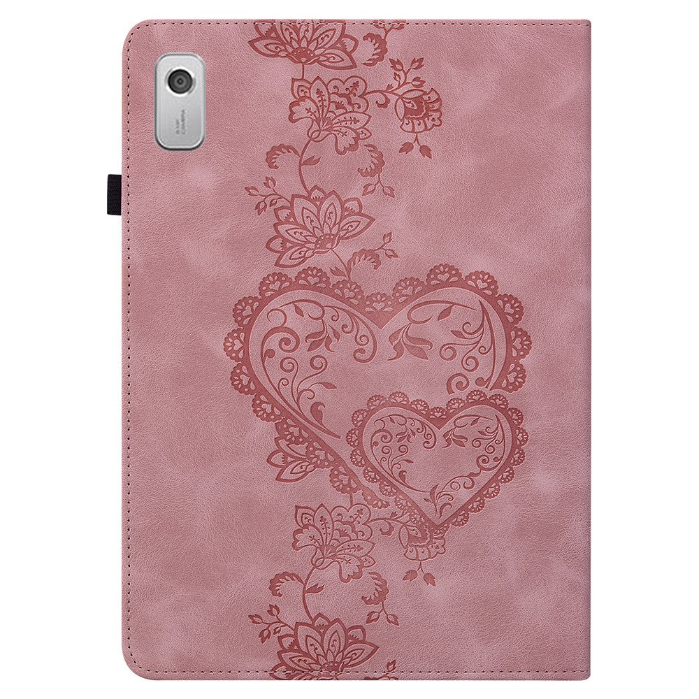 For Lenovo Tab M9 Leather Case Heart Imprint Foldable Stand Card Slot Stylus Holder Tablet Cover - Pink