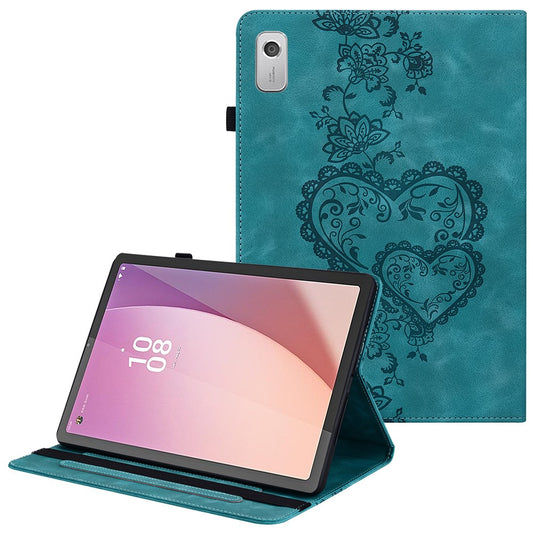 For Lenovo Tab M9 Leather Case Heart Imprint Foldable Stand Card Slot Stylus Holder Tablet Cover - Green