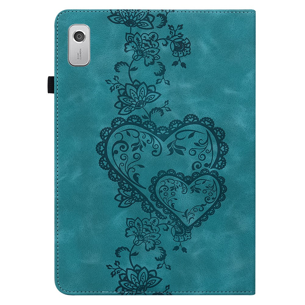For Lenovo Tab M9 Leather Case Heart Imprint Foldable Stand Card Slot Stylus Holder Tablet Cover - Green