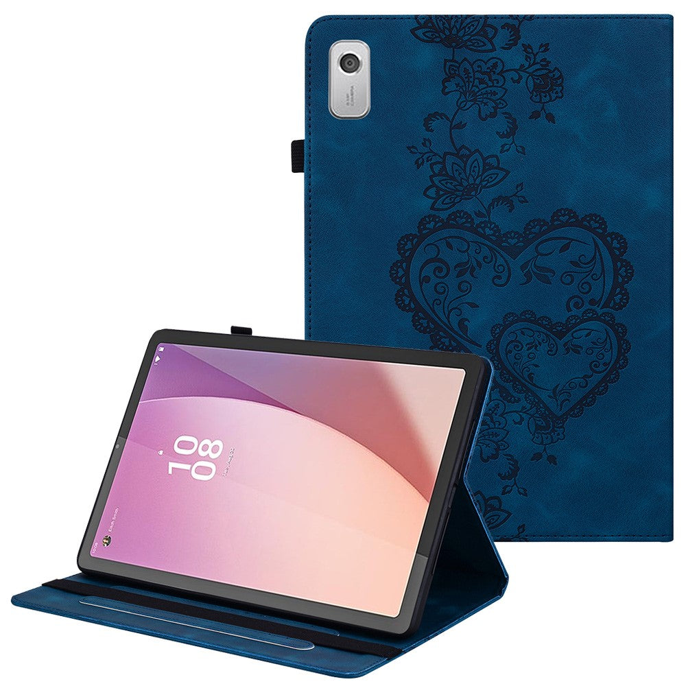 For Lenovo Tab M9 Leather Case Heart Imprint Foldable Stand Card Slot Stylus Holder Tablet Cover - Blue