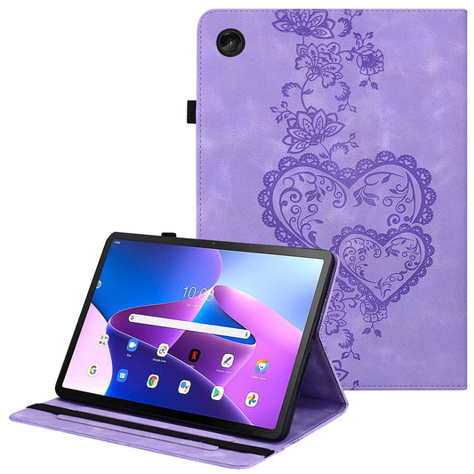 For Lenovo Tab M10 (Gen 3) Leather Case Heart Imprint Foldable Stand Card Slot Stylus Holder Tablet Cover - Purple