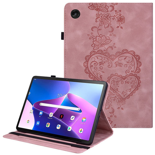 For Lenovo Tab M10 (Gen 3) Leather Case Heart Imprint Foldable Stand Card Slot Stylus Holder Tablet Cover - Pink