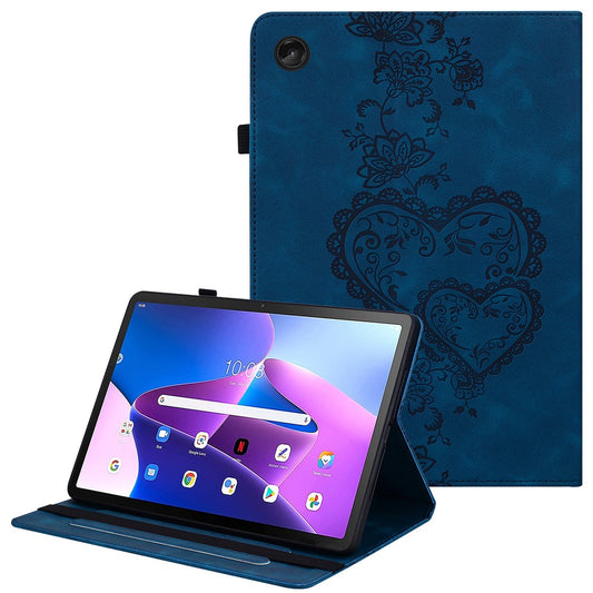 For Lenovo Tab M10 (Gen 3) Leather Case Heart Imprint Foldable Stand Card Slot Stylus Holder Tablet Cover - Blue