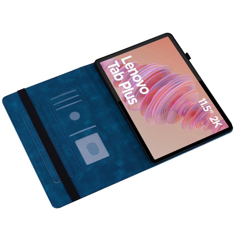 For Lenovo Tab Plus Leather Case Heart Imprint Foldable Stand Card Slot Stylus Holder Tablet Cover - Blue