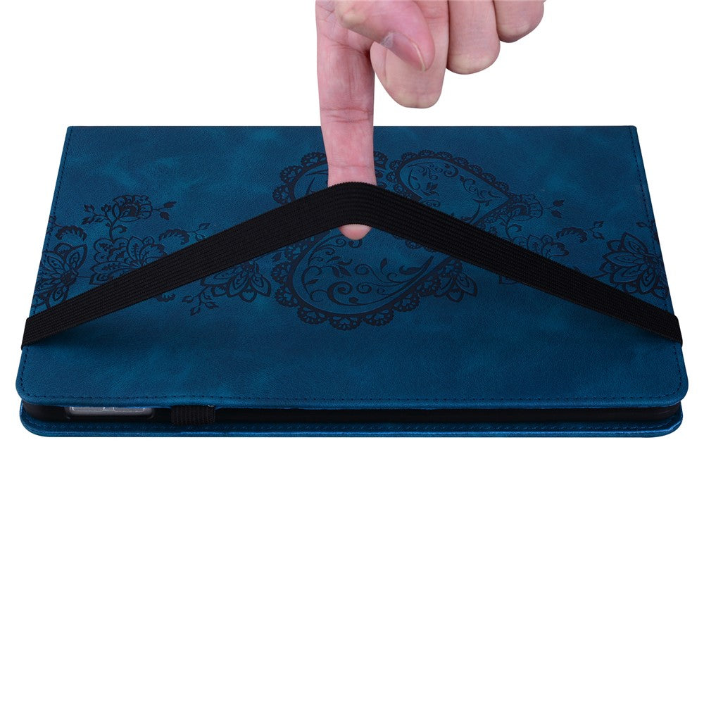 For Lenovo Tab Plus Leather Case Heart Imprint Foldable Stand Card Slot Stylus Holder Tablet Cover - Blue