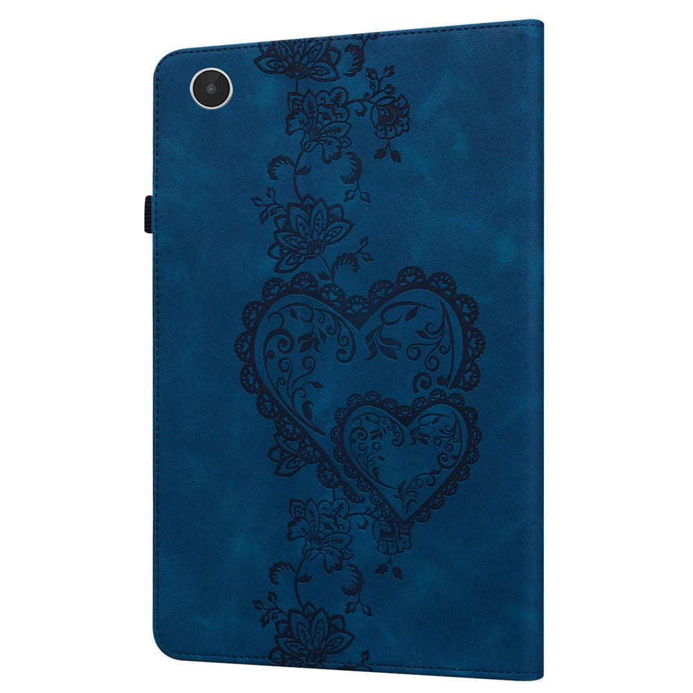 For Lenovo Tab Plus Leather Case Heart Imprint Foldable Stand Card Slot Stylus Holder Tablet Cover - Blue