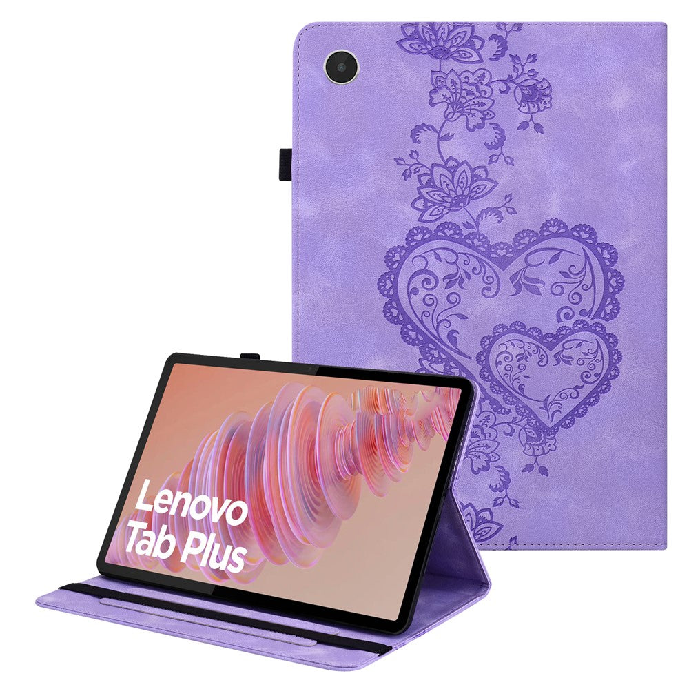 For Lenovo Tab Plus Leather Case Heart Imprint Foldable Stand Card Slot Stylus Holder Tablet Cover - Purple