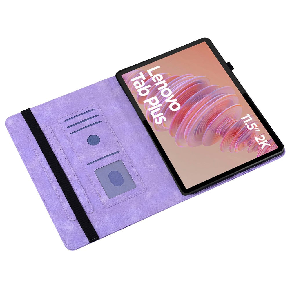 For Lenovo Tab Plus Leather Case Heart Imprint Foldable Stand Card Slot Stylus Holder Tablet Cover - Purple