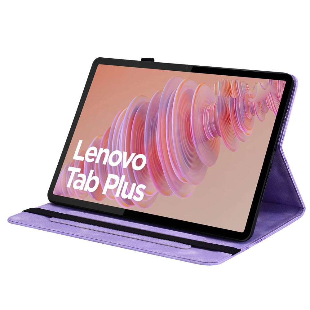 For Lenovo Tab Plus Leather Case Heart Imprint Foldable Stand Card Slot Stylus Holder Tablet Cover - Purple