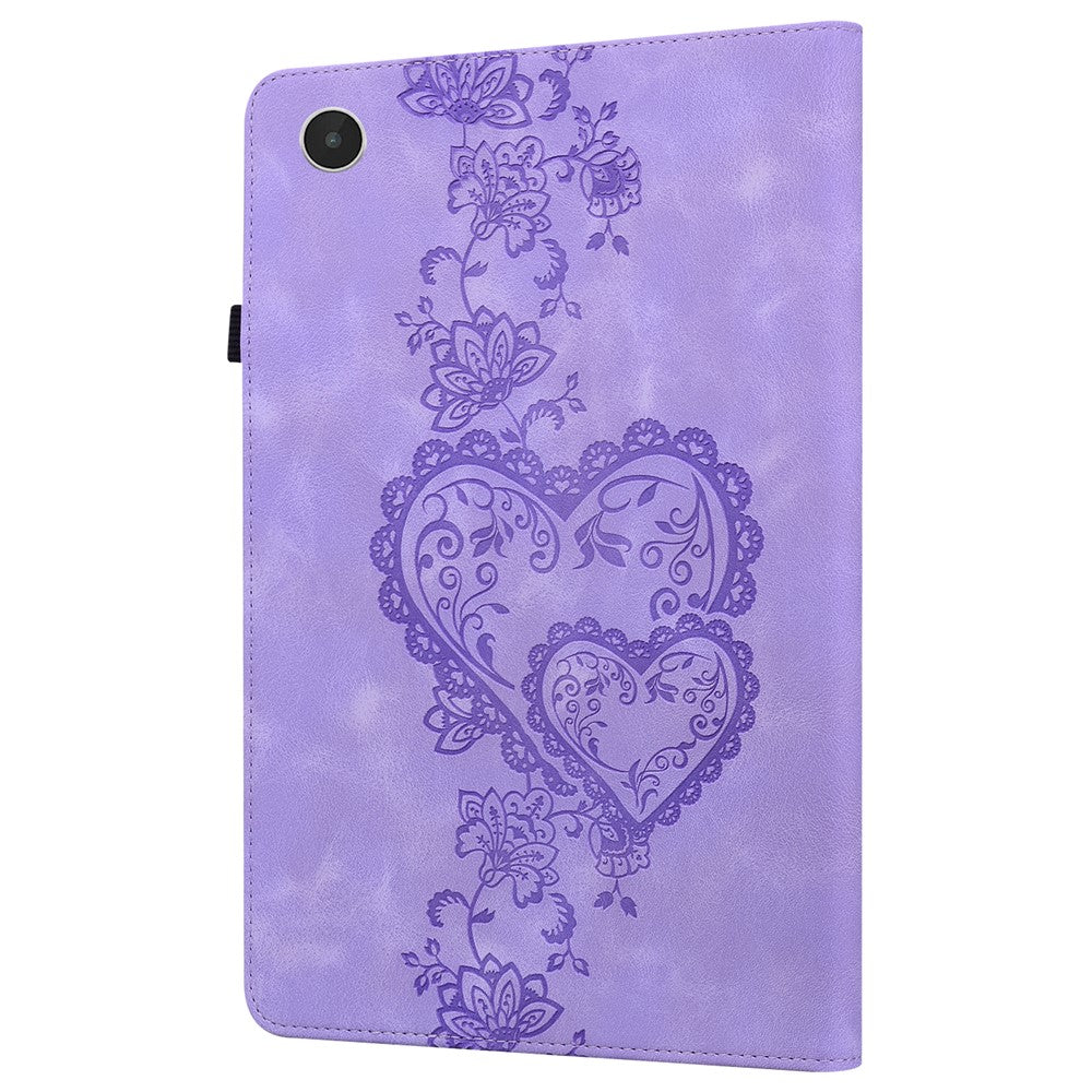 For Lenovo Tab Plus Leather Case Heart Imprint Foldable Stand Card Slot Stylus Holder Tablet Cover - Purple