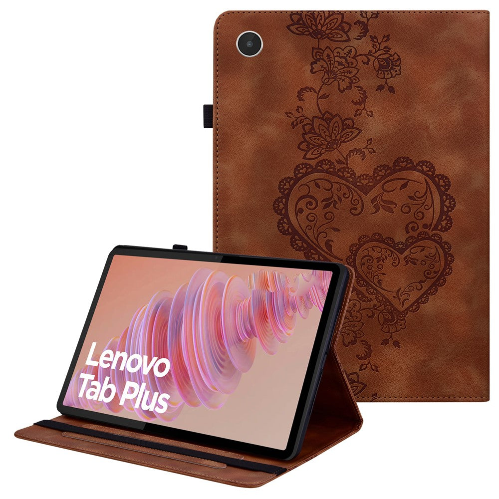 For Lenovo Tab Plus Leather Case Heart Imprint Foldable Stand Card Slot Stylus Holder Tablet Cover - Brown