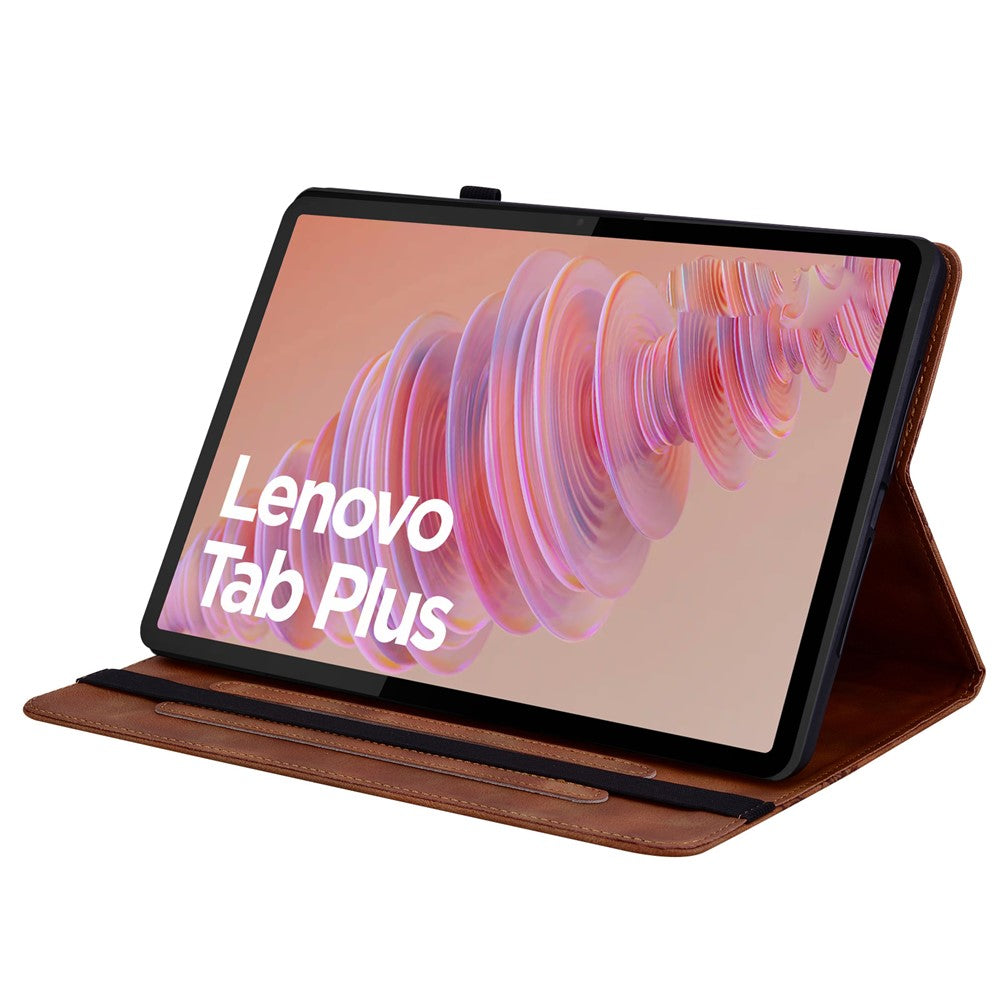 For Lenovo Tab Plus Leather Case Heart Imprint Foldable Stand Card Slot Stylus Holder Tablet Cover - Brown