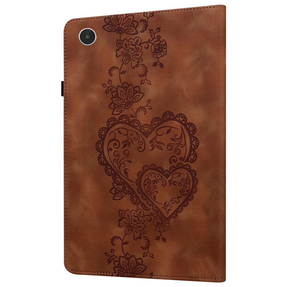 For Lenovo Tab Plus Leather Case Heart Imprint Foldable Stand Card Slot Stylus Holder Tablet Cover - Brown