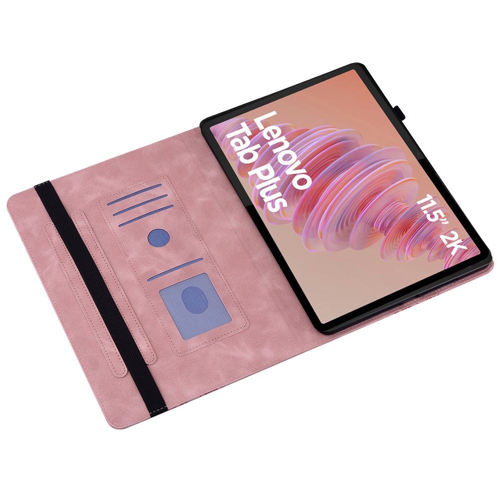 For Lenovo Tab Plus Leather Case Heart Imprint Foldable Stand Card Slot Stylus Holder Tablet Cover - Pink