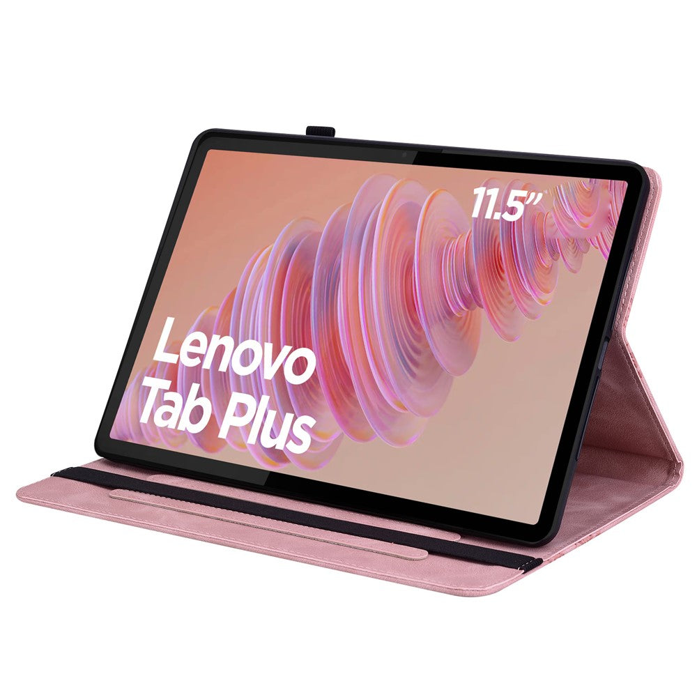 For Lenovo Tab Plus Leather Case Heart Imprint Foldable Stand Card Slot Stylus Holder Tablet Cover - Pink