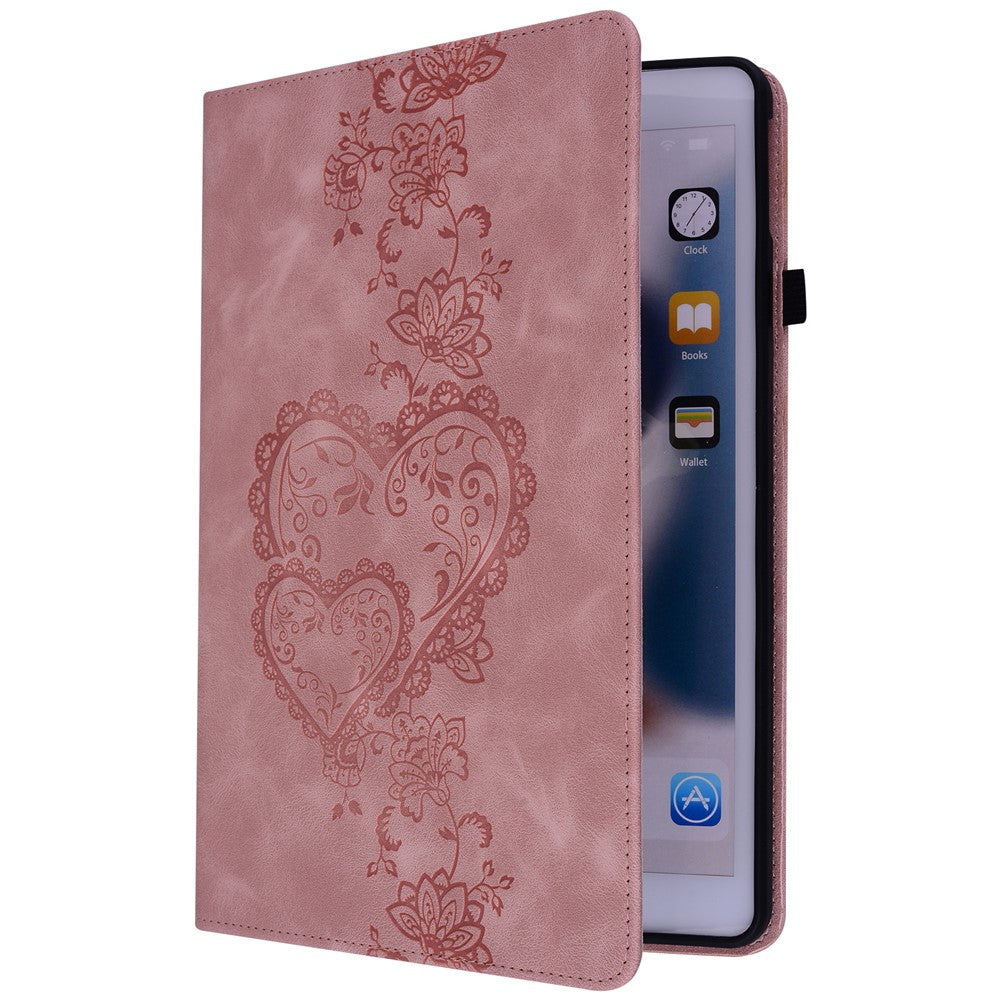 For Lenovo Tab Plus Leather Case Heart Imprint Foldable Stand Card Slot Stylus Holder Tablet Cover - Pink