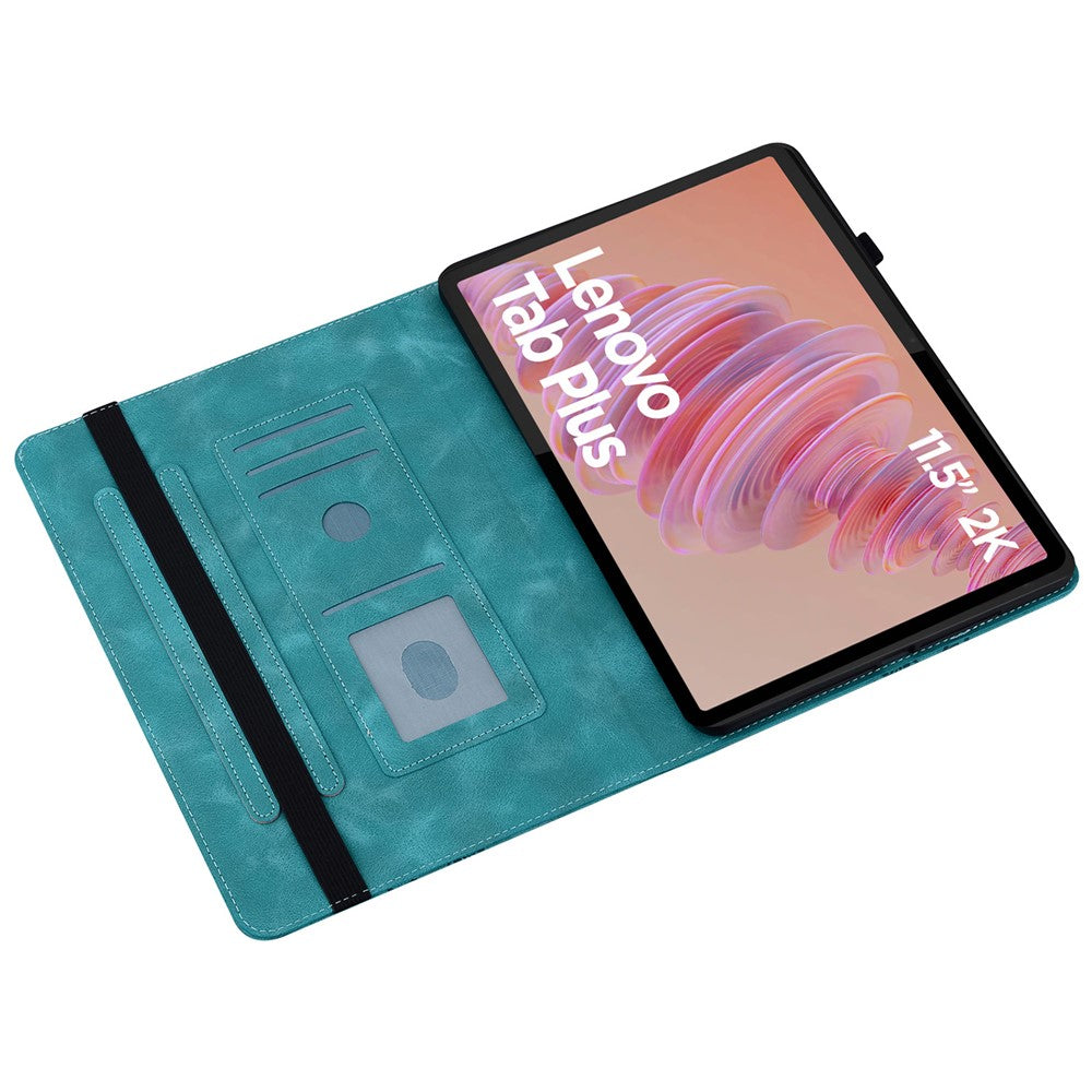 For Lenovo Tab Plus Leather Case Heart Imprint Foldable Stand Card Slot Stylus Holder Tablet Cover - Green