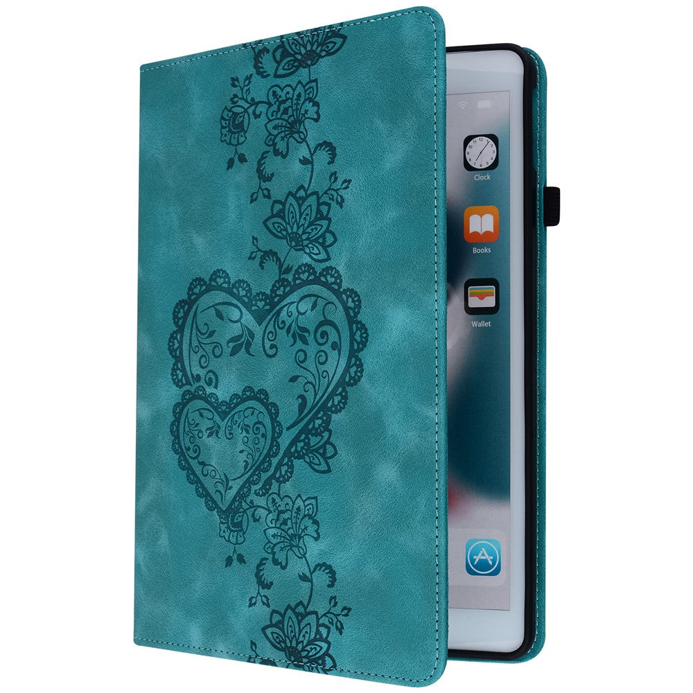 For Lenovo Tab Plus Leather Case Heart Imprint Foldable Stand Card Slot Stylus Holder Tablet Cover - Green