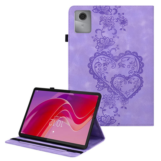 For Lenovo Tab M11 (TB-330FC)  /  Xiaoxin Pad 11 2024 (TB-331FC) Leather Case Heart Imprint Foldable Stand Card Slot Stylus Holder Tablet Cover - Purple