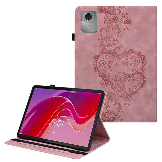 For Lenovo Tab M11 (TB-330FC)  /  Xiaoxin Pad 11 2024 (TB-331FC) Leather Case Heart Imprint Foldable Stand Card Slot Stylus Holder Tablet Cover - Pink