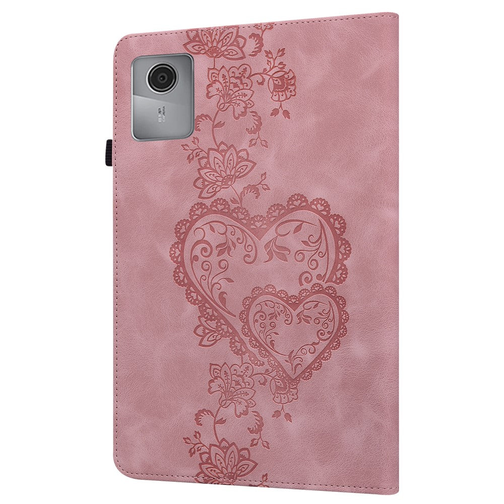 For Lenovo Tab M11 (TB-330FC)  /  Xiaoxin Pad 11 2024 (TB-331FC) Leather Case Heart Imprint Foldable Stand Card Slot Stylus Holder Tablet Cover - Pink