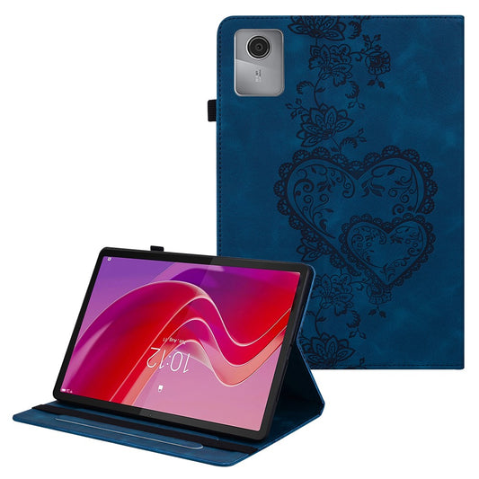 For Lenovo Tab M11 (TB-330FC)  /  Xiaoxin Pad 11 2024 (TB-331FC) Leather Case Heart Imprint Foldable Stand Card Slot Stylus Holder Tablet Cover - Blue